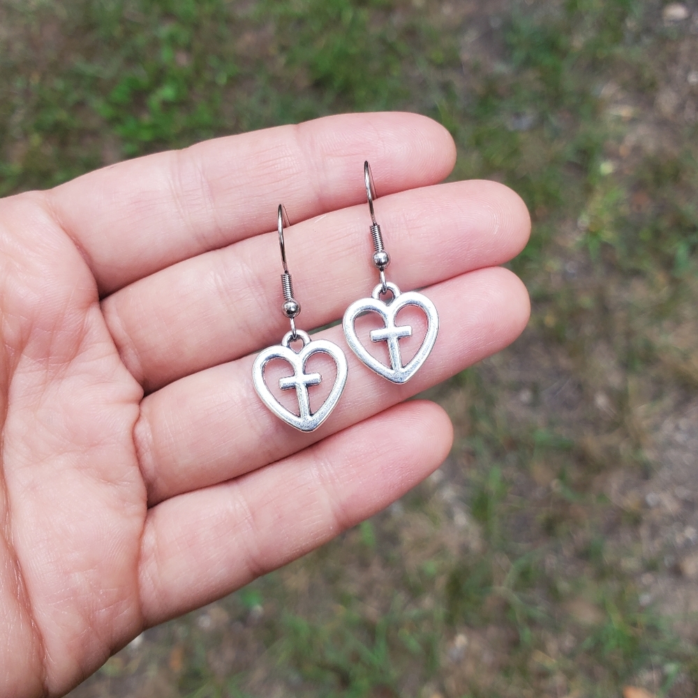 New Handmade Dainty Silver Cross Heart Earrings - Picture 15 of 15